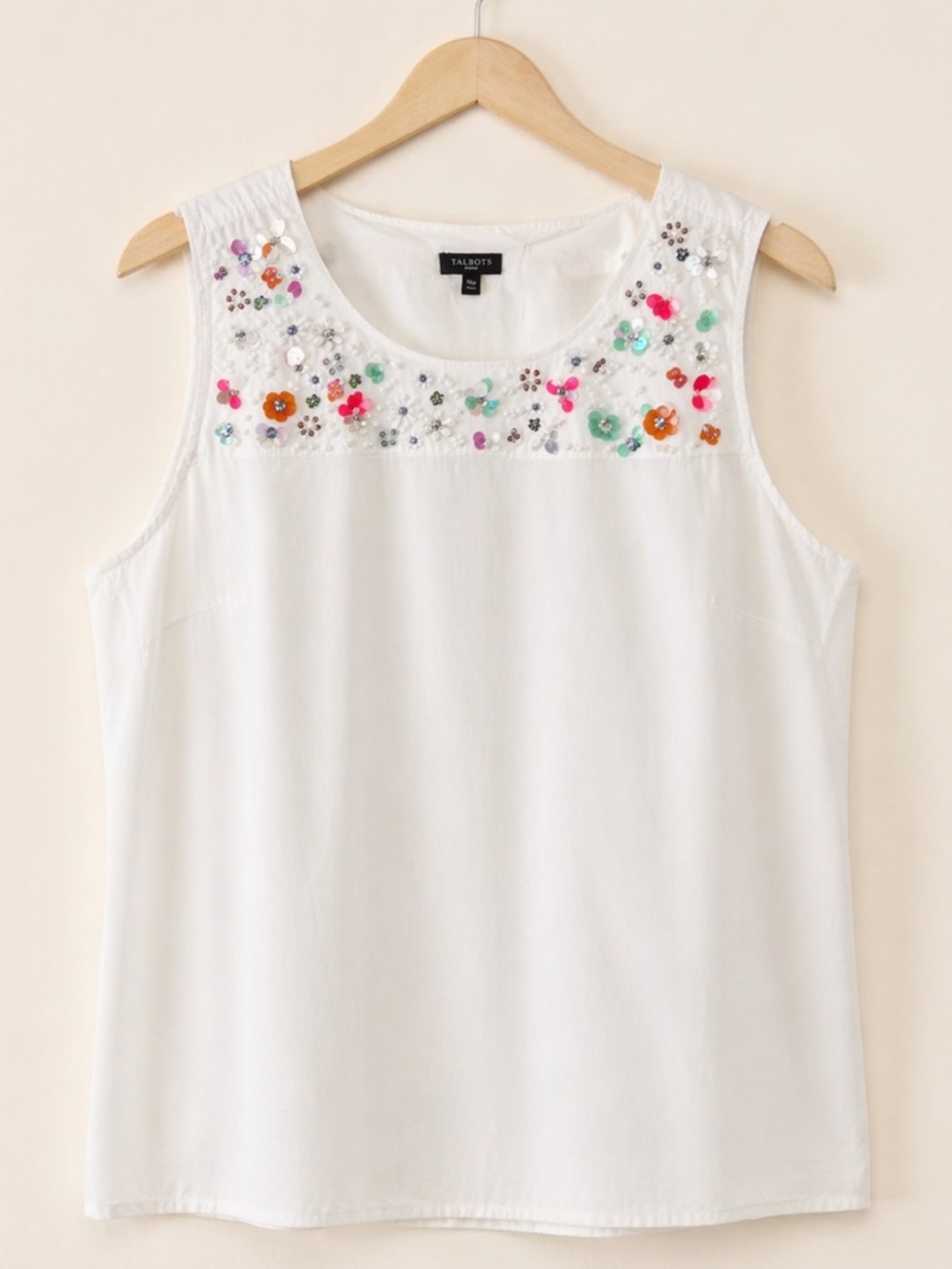 Talbots White Sleeveless Tank with Multicolor Sequin Floral Yoke